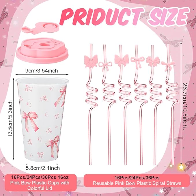 Yungyan 24 Sets Pink Bow Party Favors Goodie Cups with Lids and Straws for Birthday Coquette Party Decorations Reusable 16oz Plastic Candy Cups Plastic Straws for Christmas Decor(Pink Bow)