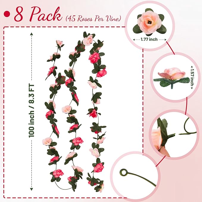 8 Pcs 65.6 Ft Flower Garland Rose Vines, Pink Rose Garland for Decoration, Flower Vine for Room Table Birthday Wedding Party Garden Wall Decor