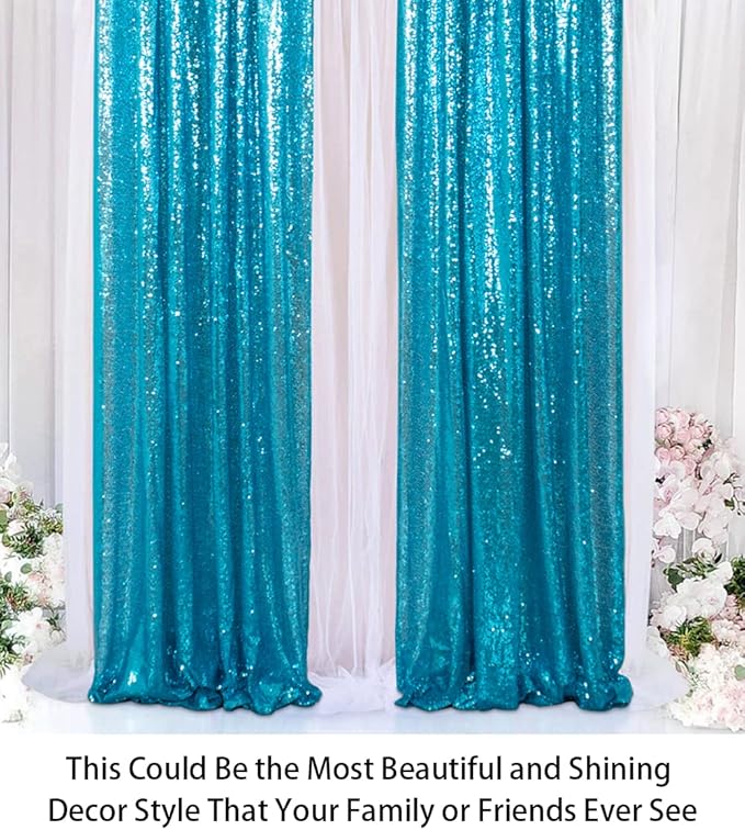 ShinyBeauty Sequin Backdrop Curtains 4 Panels Aqua 2FTx8FT Sequin Fabric Photo Backdrop Curtains Turquoise Glitter Curtains for Party