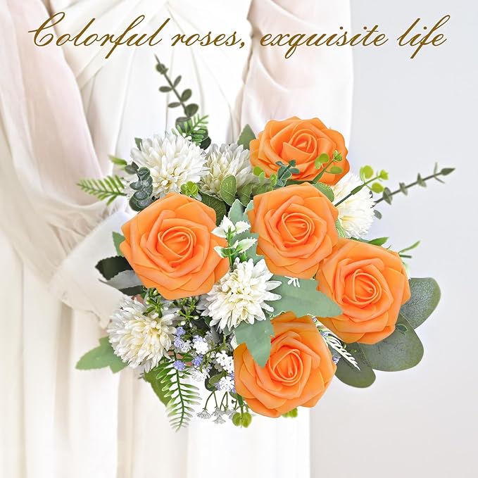 BLEUM CADE 16Pcs Artificial Flowers Fake Roses with Stems, Orange Boxed Foam Roses for DIY Bouquets Centerpieces Wedding Party Arrangement Bridal Shower Decor