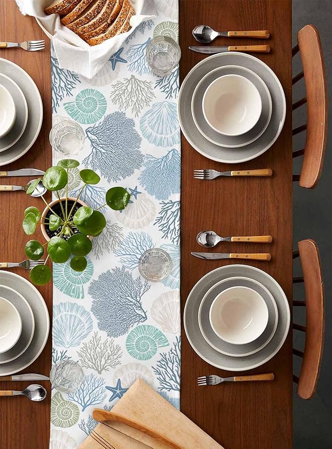 Coastal Coral Cotton Linen Table Runner for Dining Kitchen, Wedding Outdoor Party Tablerunners Decoration, Blue Nautical Starfish Ocean Shell Beach Dresser Scarf Coffee Tablecloth Runners 13x90 Inches