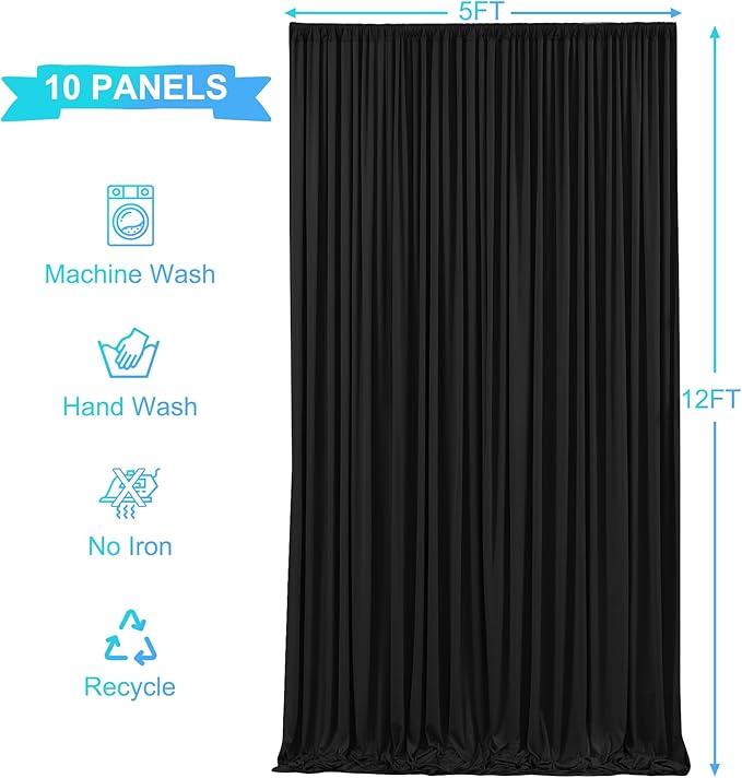 50ft x 12ft Black Backdrop Curtains Wrinkle Free Backdrop Curtain for Wedding Parties Black Fabric Backdrops Drapes Back Drop Cloth Bridal Shower Stage Curtains Wedding Decorations for Reception