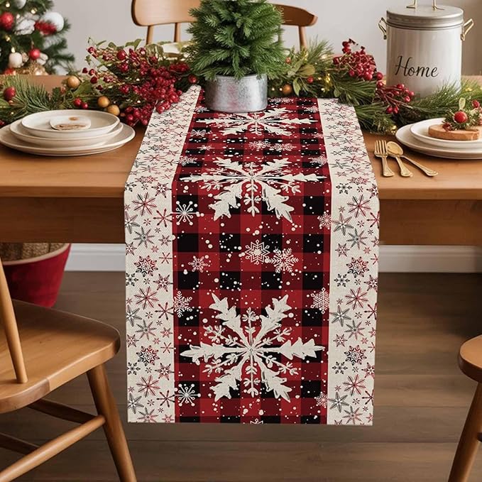 Buffalo Plaid Christmas Cotton Linen Table Runner for Dining Kitchen, Snowflake Red Black Check Wedding Outdoor Party Tablerunner Decoration, Retro Dresser Scarf Coffee Tablecloth Runners 13x72 Inches
