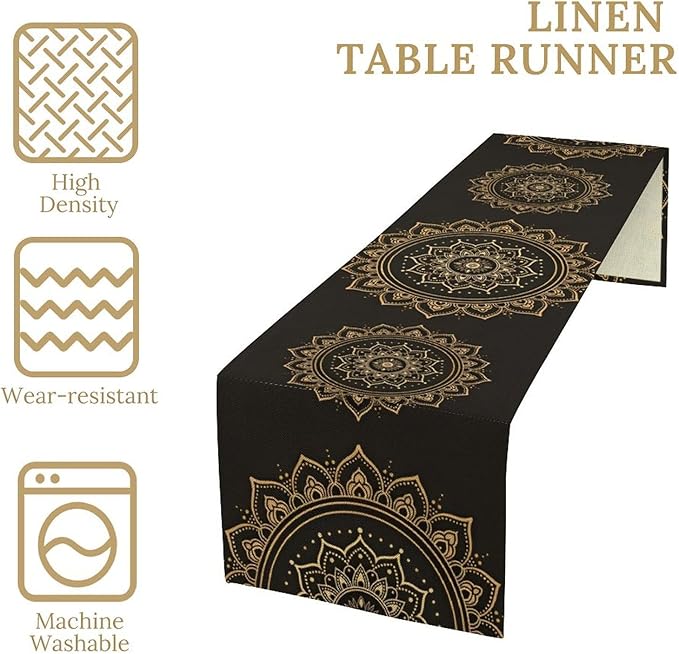 Golden Mandala Table Runner, Traditional Indian Gold Black Flower Vintage Luxury Bohemian Mandala Table Runner for Home Kitchen Dinning Table Indoor Outdoor Holiday, 13x120inch