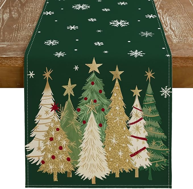 GEEORY Christmas Table Runner 13x90 Inch, Xmas Trees Snowflakes Holiday Decorative Farmhouse Table Decoration for Kitchen Dinning, Indoor Outdoor Dinner Party Decor (Green) GT152-90