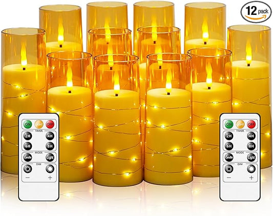 Flameless Candles with Embedded Star String - Battery Operated LED Candles, with Remote,12 Gold Flickering Candles for Christmas, Weddings, Home Decor & Party,(D 2.3"×H 5" 6" 7")