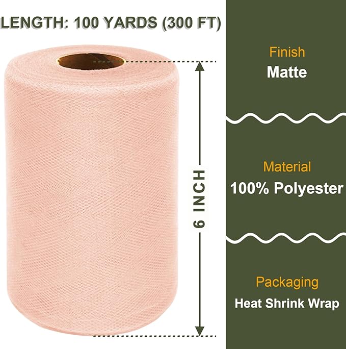 Blush Tulle Fabric Roll 6 Inch X 300 FT (100 Yards) Matte Tulle Ribbon Netting Mesh Spool for DIY Tutu Skirt Wedding Bow Gift Wrapping Baby Shower Christmas Party Halloween Decorations