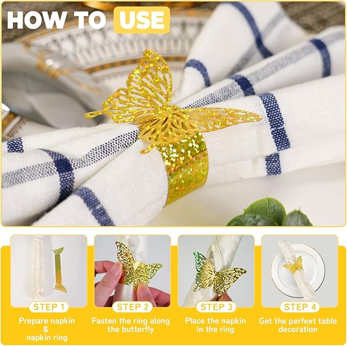 100 Pcs 3D Gold Butterfly Iridescent Napkin Rings Silverware Wraps Bands,Table Setup Sequined Wedding Valentines Day Event Party Supply Settings, Glossy Serviette Buckles Decoration(Gold)