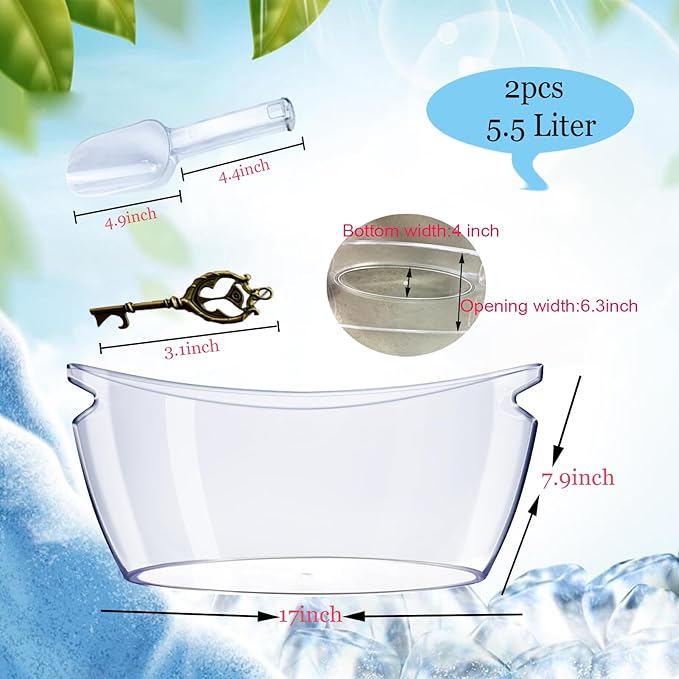2 PCS Ice Bucket,Acrylic Ice Buckets for Parties,5.5L Extra Large Clear Champagne Beer Tub Mimosa Bar Supplies Kit Wine Beverage Bucket with Corkscrew&Scoop for Wine Cocktail Bar(Clear)