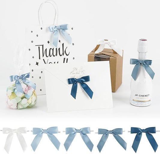 AIMUDI 5 Colors Dusty Blue Ribbon Bows 2.5" Satin Twist Tie Bows for Gift Wrapping Premade Satin Bows for Making Crafts Treat Bag Baby Shower Birthday Party Wedding Decoration, 50 PCs