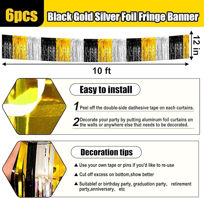 6 Pack 10 Feet Black Gold Silver Foil Fringe Garland Metallic Tinsel Streamers Banner Wall Hanging Curtain Backdrop for Parade Floats, Birthday, Graduate, Mother's Day, Wedding Party Decoration
