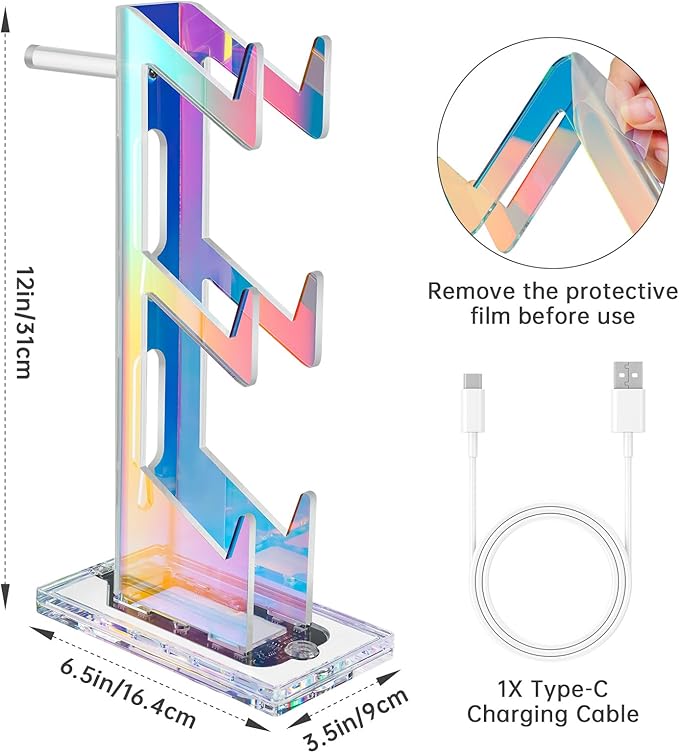 NiHome Iridescent Acrylic Multi-Tier Game Controller & Headset Holder Stand with Customizable LED Lighting, USB-Powered 7 Colors & 3 Modes, Anti-Slip Gaming Desk Organizer & Cable Management (3 Tiers)