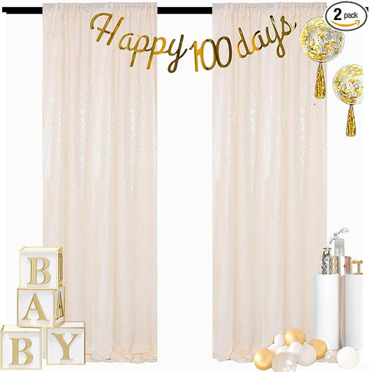ShinyBeauty Ivory Sequin Backdrop 2 Pieces Photograph Backdrops 7FTx7FT Beige Backdrop Curtains Panels Sparkly Background Glitter Curtain for Wedding.Party,Baby Shower Backgrounds