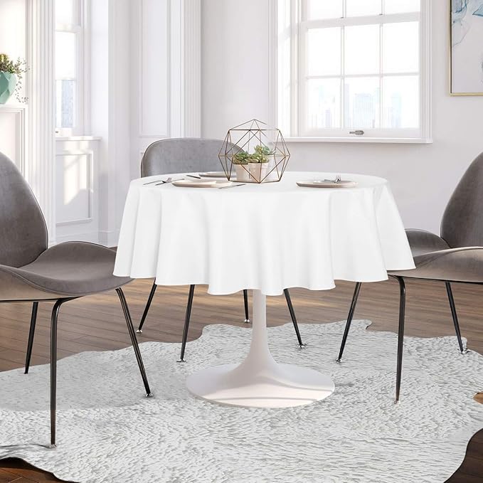 sancua Round Tablecloth - 70 Inch - Water Resistant Spill Proof Washable Polyester Table Cloth Decorative Fabric Table Cover for Dining, Buffet Parties and Camping, White(Fits 24-58 Inch Tables)