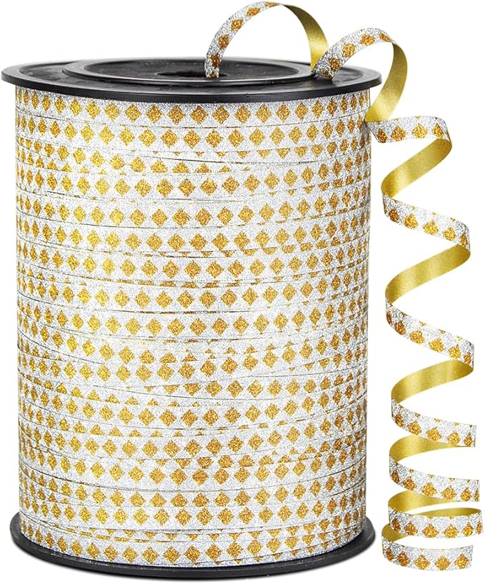 Square Pattern Glitter Curling Ribbon, 1/5" Wide x 500 Yards Christmas Curling Ribbons for Gift Wrapping, Party Decoration, Balloon String, Crafting, Balloon Ribbons for Florist Flower (1 Roll)