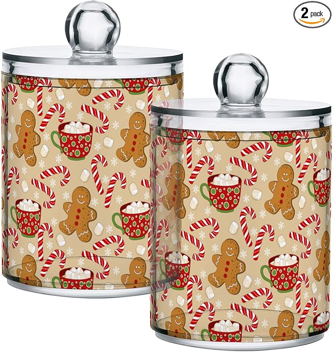 Gredecor Qtip Holder Dispenser 2 Pack Cute Gingerbread Men Snowflakes Candy Bathroom Decorative Storage Canister Holder Counter Vanity Organizer for Cotton Ball Swabs Pads Floss