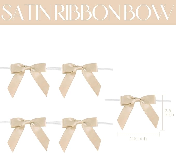 AIMUDI Small Champagne Christmas Bows 2.5" Premade Satin Ribbon Twist Tie Bows for Treat Bags Mini Bows for Christams Tree Ornaments Ribbon for Cake Pops Bows for Wedding Decor Gift Wrap- 50 Counts