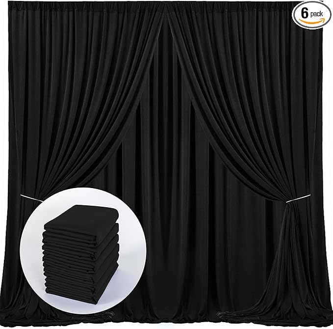 Black Backdrop Curtains - 6 Panel Photo Curtains for Party, Wedding, Ceremony - 5ft x 10ft