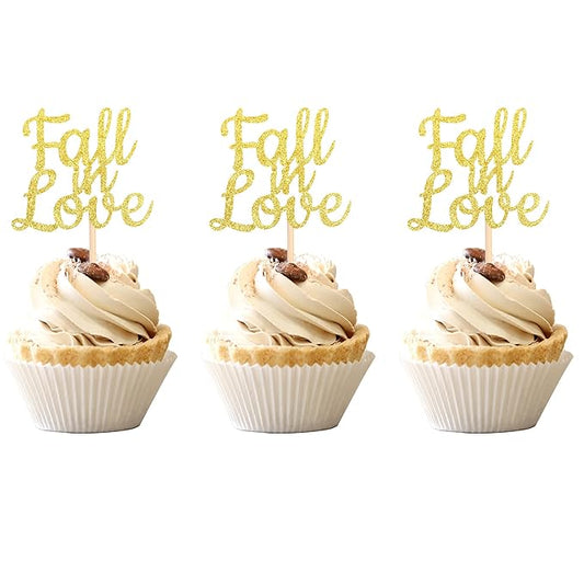 24 PCS Fall in Love Cupcake Toppers Glitter Bridal Shower Cupcake Picks Wedding Engagement Anniversary Birthday Party Cake Decorations Supplies