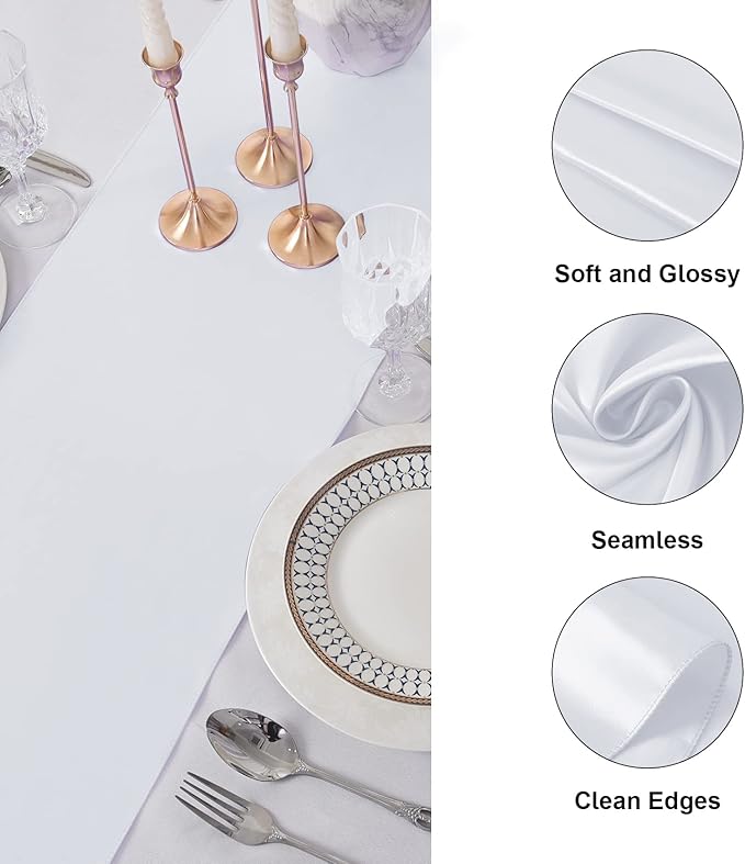 24Pack Table Runner 12 x 108 Inches Satin Silk Table Runner for Wedding, Birthday Party, Banquets, Graduations Decoration, fit Rectange and Round Table-White