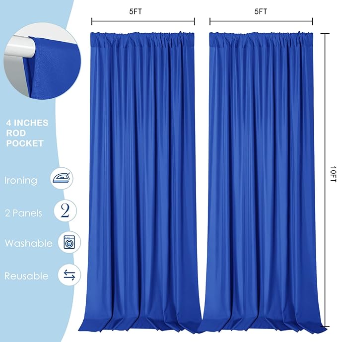 Sugargirl 10x10FT Royal Blue Backdrop Curtains Polyester Photo Backdrop Drapes Curtains 2 Panels with Rod Pockets for Party Birthday Wedding Photography Home Decoration
