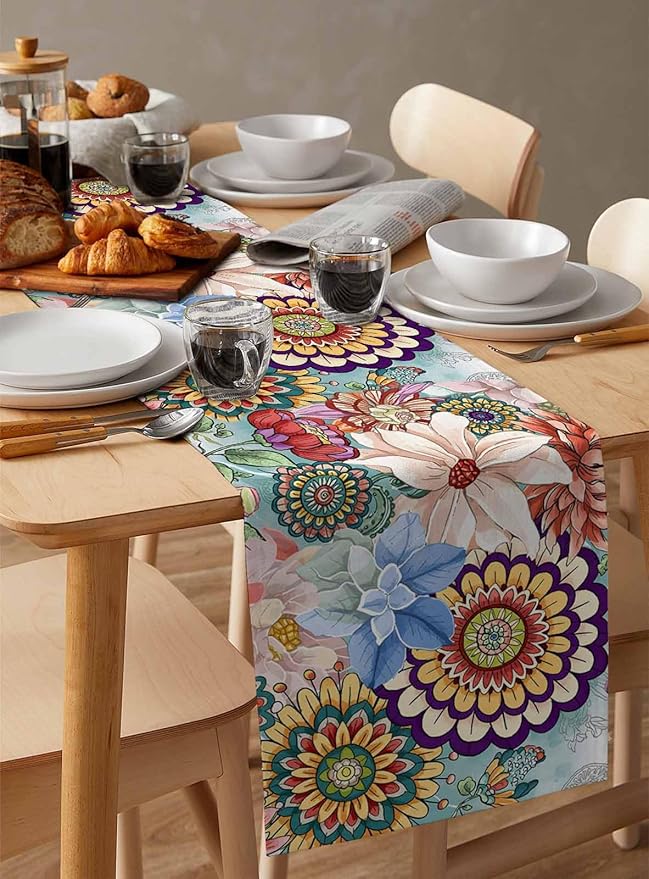 Boho Flowers Cotton Linen Table Runner for Dining Kitchen, Wedding Outdoor Party Tablerunners Decoration, Colorful Floral Farm Vintage Botanical Dresser Scarf Coffee Tablecloth Runners 13x36 Inches