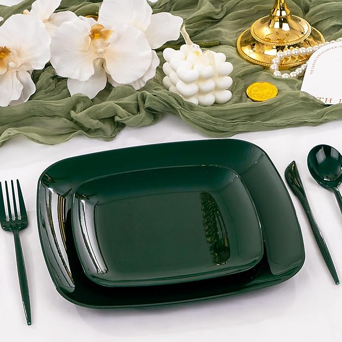 PULOTE 60PCS Green Square Plastic Plates - Green Disposable for 30 Green Guests Include 30 Dinner and 30 Dessert Plates for Party&Christmas