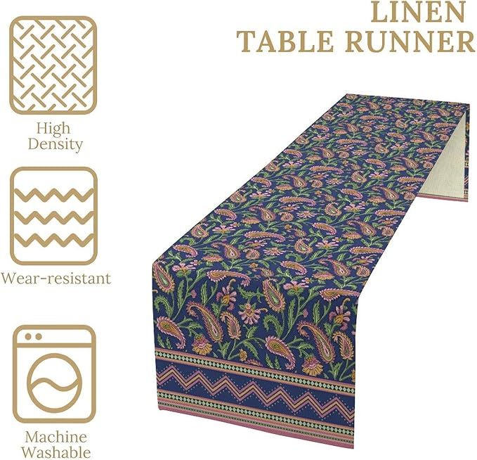 Colorful Paisley Floral Table Runner, Vintage Pink Purple Flowers Green Plants Leaves Print Table Runner for Kitchen Dining Table Indoor Outdoor Home Party, 13x70inch