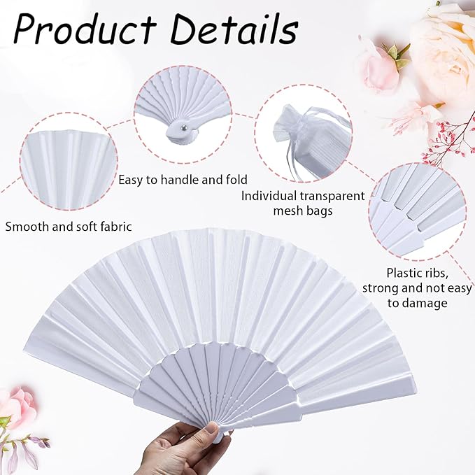 Wenqik 80 Pcs Wedding Folding Hand Fans Bulk Silk Fabric Chinese Handheld Foldable Clack Fans with Plastic Ribs for Party, Wedding Gifts, Line Dancing, Home Decorative (White)