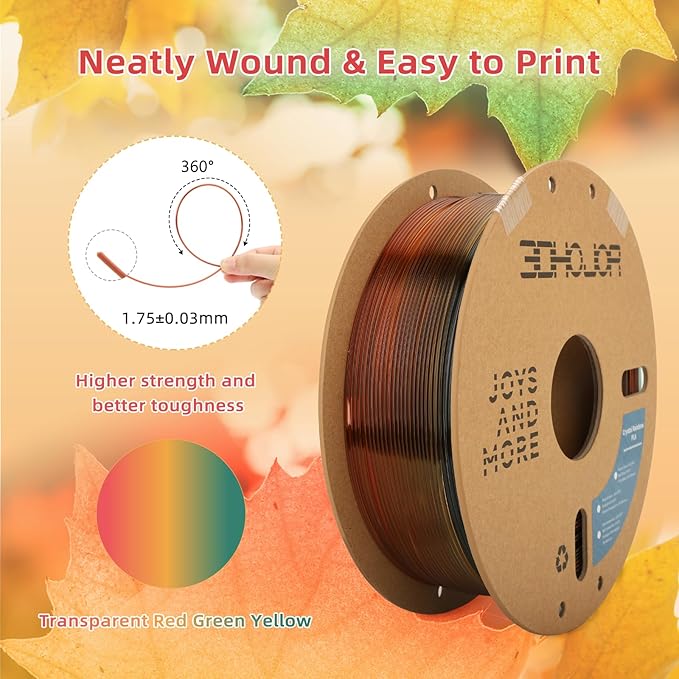 Transparent Multi Rainbow Color Gradient Change PLA 1.75mm 1KG 3D Printing Filament Crystal Rainbow PLA Clear PLA Filament with Cardboard Spool-Maple Leaf