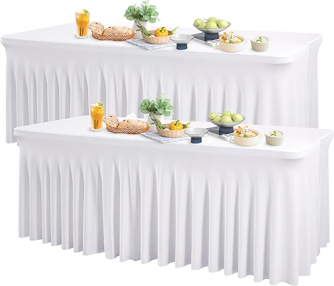 Wish Care 2 Pack White Spandex Table Clothes for 8 Foot Rectangle Tables, 8FT Wrinkle Free Fitted Tablecloths Ruffles Design Table Cover for Party, Banquet, Wedding and Events