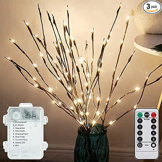 Lxcom Lighting LED Branch Lights 3 Pack 20 LEDs Decorative Branches Battery Operated with Timer Brown Willow Twig Lighted Branches Warm White Artificial Twig Lights for Home Party Wedding Decoration