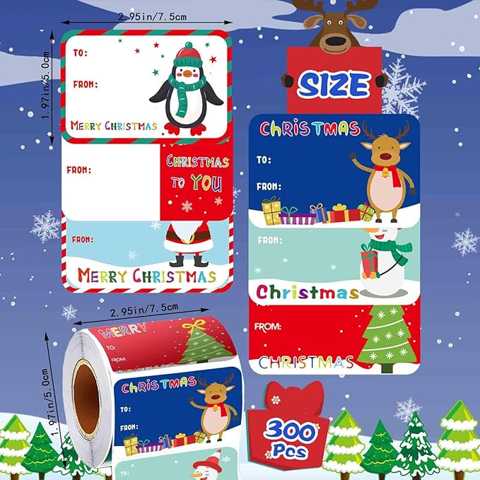 300PCS Christmas Gift Tags Stickers, Self-Adhesive Christmas Name Tags for Gifts Wrappings Christmas Gift Labels Stickers for Presents Boxes Bags Envelopes Holiday Decoration
