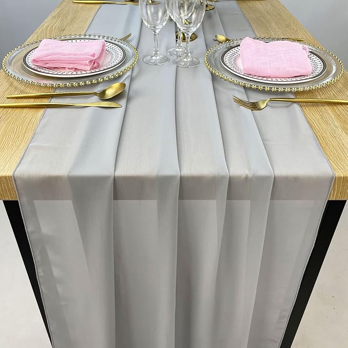 EHLDekol 13ft Light Grey Chiffon Table Runners, 29x156 Inches Romantic and Rustic Boho Wedding Runner, Sheer Bridal Party Decorations