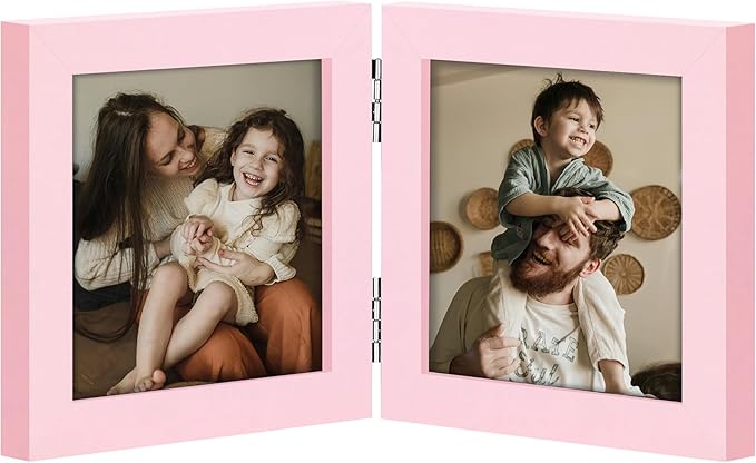decorUhome Double 4x4 Picture Frame Vertical, Engineered Wood Bifold Photo Frame with Plexiglass for Tabletop Display, 4x4, Pink