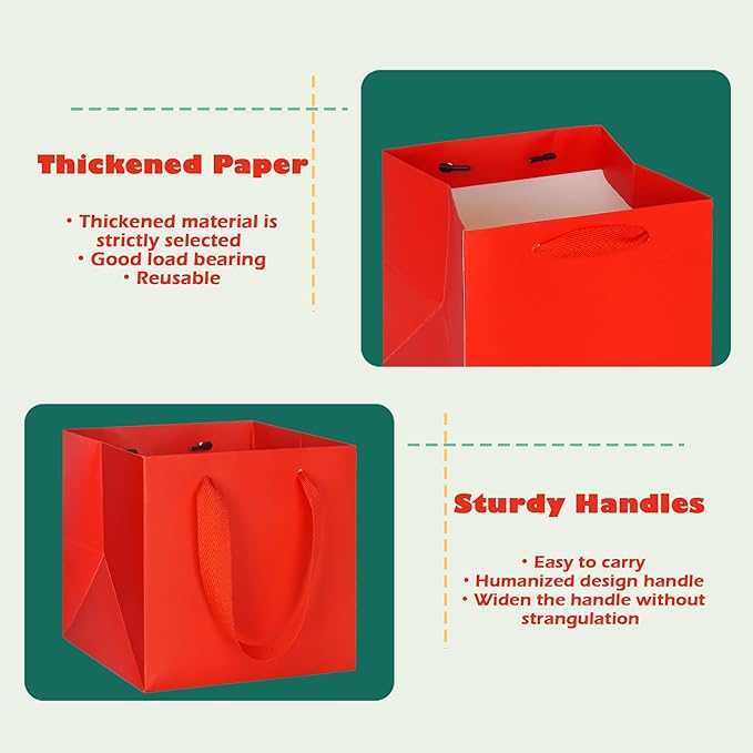 ADIDO EVA Red Square Gift Bags Mini Size Square Bottom Paper Bags with Handles for Party Favor (4x4x4 In, 10 CT)