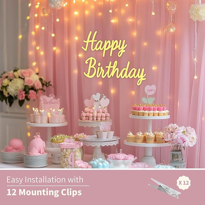 Pink Tulle Backdrop Curtain with Lights String - 10x10ft Sheer Backdrop with 300 LEDs for Wedding, Baby Shower, Bridal Shower, Birthday Party Photo Shoot Background and Home Decorations