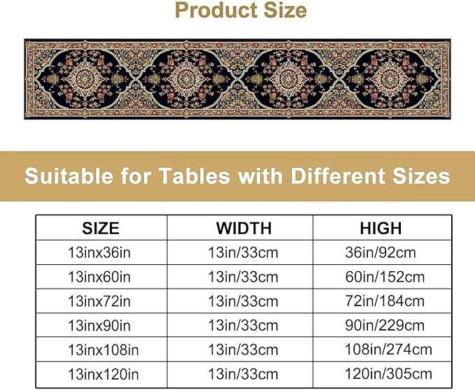 Vintage Boho Floral Table Runner, Rustic Country Farmhouse Black Bohemia Flower Pattern for Home Kitchen Table Decor Dining Cafe Room Wedding Party Decor 13x72in
