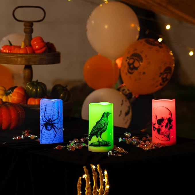 Homemory Halloween Candles, Color Changing Flameless Candle, Battery Opeated Candle, Outdoor Waterproof Plastic Candle with Remote and Timers, Skull, Crow, Spider, 13 Colors, Set of 3