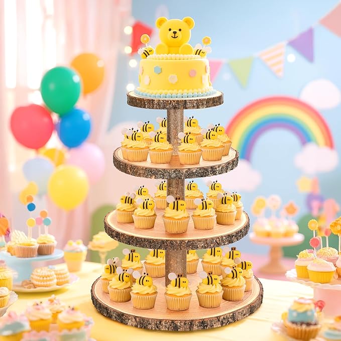 Wooden Cupcake Stand for 50 Cupcakes 4-Tier Dessert Tower Rustic Tiered Display Stand for Woodland Baby Shower Decorations, Farmers Market Decor, Wedding, Birthday, Graduation, Tea Party