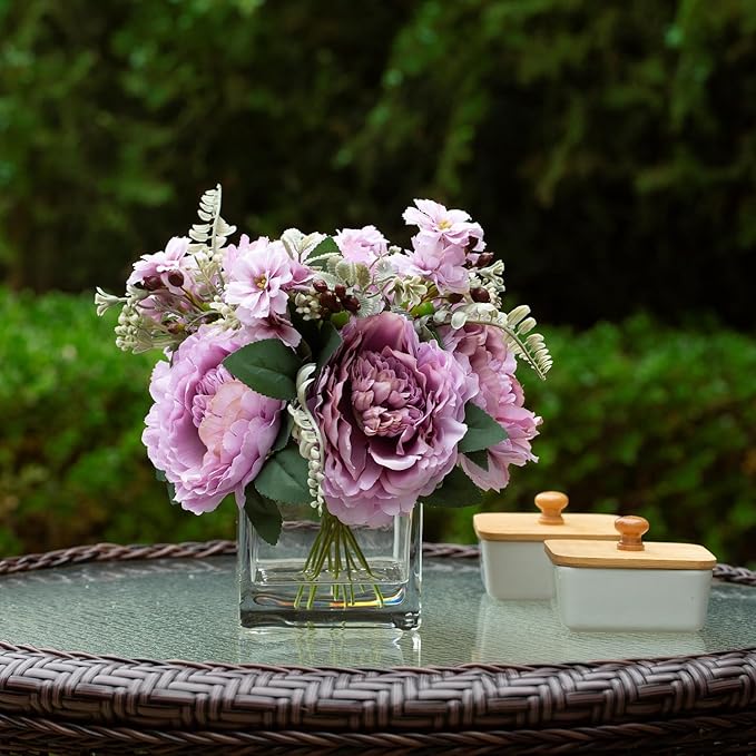 ENOVA FLORAL Artificial Flower Arrangement with Vase,Mixed Artificial Silk Peony Flower in Vase for Decoration Home Office, Wedding Centerpiece (Purple)