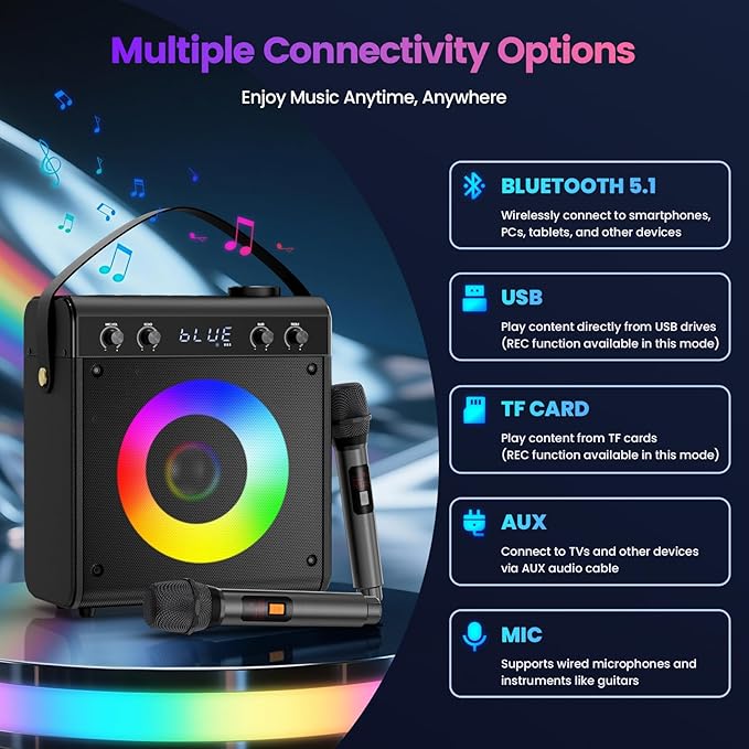 Karaoke Machine, Portable Bluetooth Speaker with 2 Wireless Microphones for Adults & Kids - PA System, LED Lights, Bass/Treble Control, AUX/USB/TF/FM for Home Party Outdoor Singing
