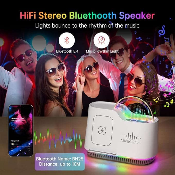 Night Lights Bluetooth Speaker, 15W Wireless Charger with Phone Holder, Touch Control Bedside Lamp with Dynamic Colored Music Light, Dimmable Light Room Decor for Teenage Girls Boys Gifts