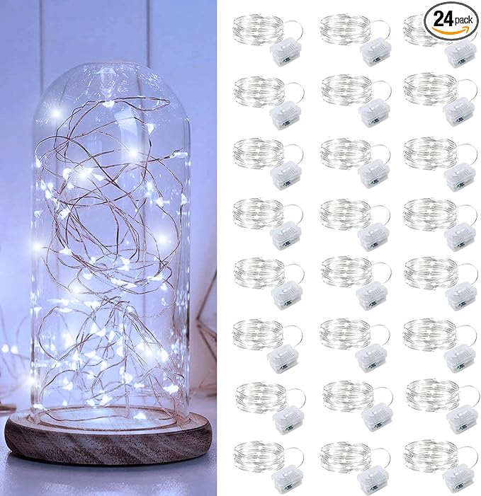 Aogist 24 Pack Fairy Lights 3 Modes 7ft 20 LED Waterproof,Battery Operated Silver Wire Firefly Starry Moon Mini String Lights for Mason Jars Christmas DIY Crafts Wedding Party Bedroom,White