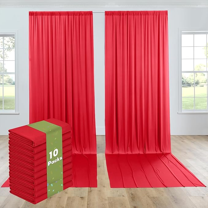 PartyVillage 50ft×15ft Red Backdrop Curtain for Wedding Parties, 10 Panels Wrinkle Free 15 FT Long Polyester Photo Backdrop Drapes Back Drop Cloth for Birthday Photography Background