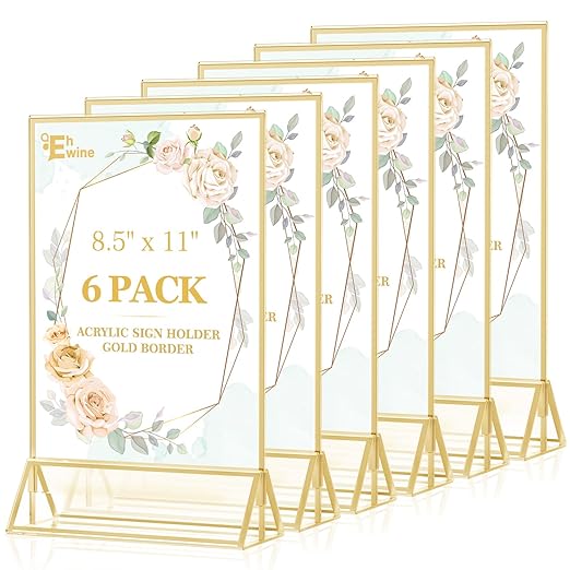 EHWINE 6 Pack 8.5×11 Clear Acrylic Sign Holder with Gold Borders and Vertical Stand, Double Sided Table Menu Holders Picture Frames for Wedding Table Numbers, Restaurant Signs, Photos and Art Display
