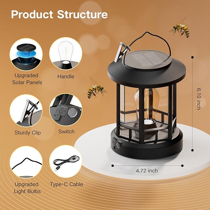 Solar Lights Outdoor Hanging Lantern, Solar Lanterns Waterproof for Patio Decor with Clip, Retro High Brightness Solar Powered Hanging Lamp for Garden, Path, Walkway, Porch, Pack 2