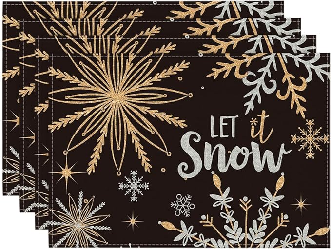 Artoid Mode Black Snowflake Let It Snow Winter Placemats Set of 4, 12x18 Inch Seasonal Christmas Table Mats for Party Kitchen Dining Decoration