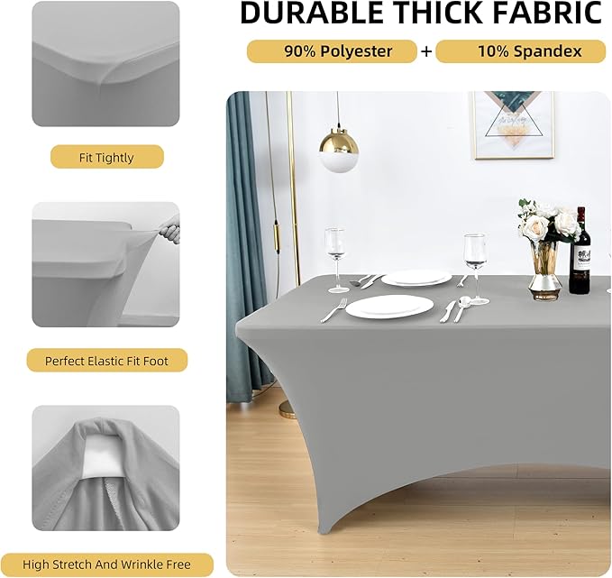 113 6-Pack 6ft Spandex Table Covers for Rectangle Standard Folding Tables - Wrinkle Resistant Stretch Tablecloths - Ultimate Fitted Table Protector for Parties, Banquet, and Wedding
