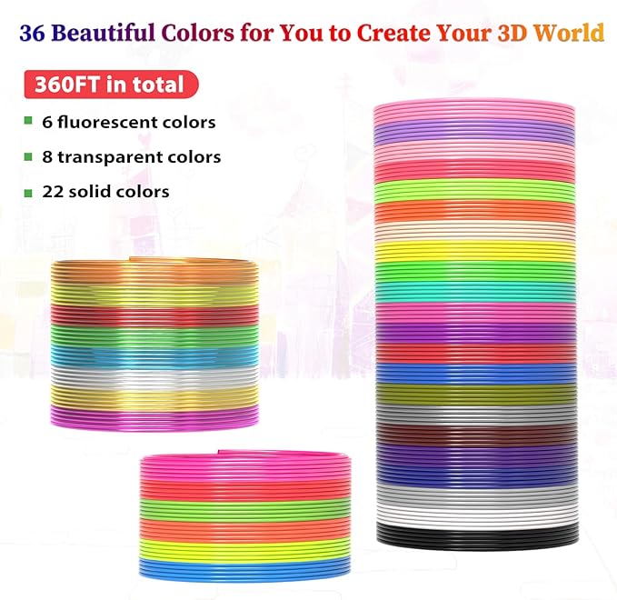 36 Colors 3D Pen Filament 1.75mm PLA, Each Color 10 Feet, Total 360 Feet 3D Pen Filament Refills 3D Printing Pen Refills with High-Precision Diameter Not Compatible with 3Doodler Pen